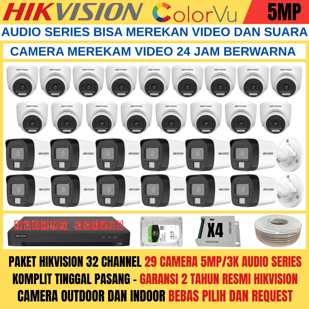PAKET CCTV HIKVISION DVR 32 CHANNEL 29 KAMERA HIKVISION 5MP FULL COLOUR 3K COLORVU AUDIO SERIES