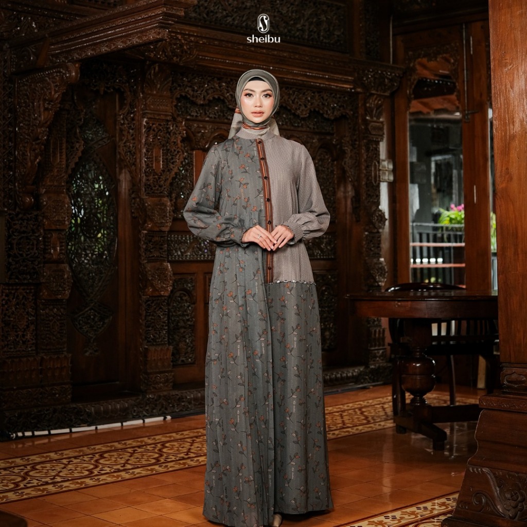 Sheibu Amerta Dress Gamis Muslim Wanita Motif Printing Formal Hijab Syari Adem Tidak Menerawang