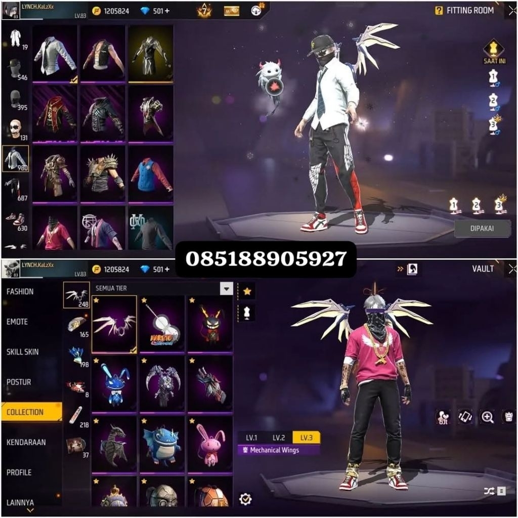 AKUN FF SULTAN-LEVEL TINGGI, SKIN LENGKAP READY AKUN FF MURAH-BAGUS FULL SKIN