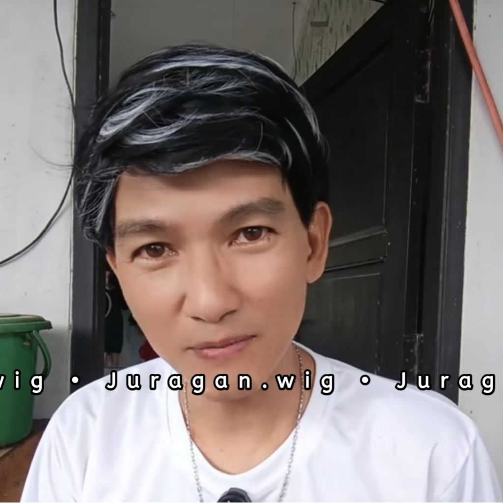 wig pria pendek Rambut belah samping model kantoran highlight black grey