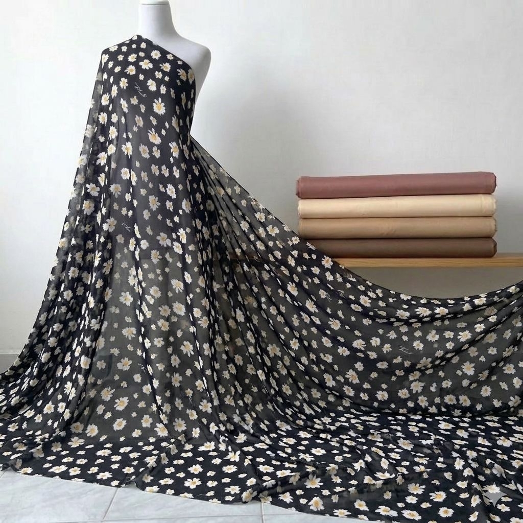 Kain Sifon Ceruty Motif Daisy Bunga Kecil Premium Meteran - Bahan Gamis Dress Tunik Flowy Halus - Ce