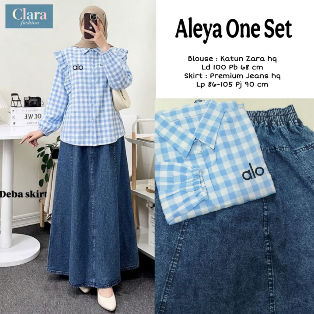 Alea One Set Wanita Blouse Katun Zara Set Rok Jeans Premium Fit M-L
