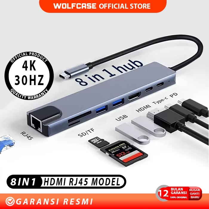 WOLFCASE UH51 RJ45 Type C hub 8in1 DP HDTV RJ45 100mbps PD type C card reader usb 3.0 Aluminium for 