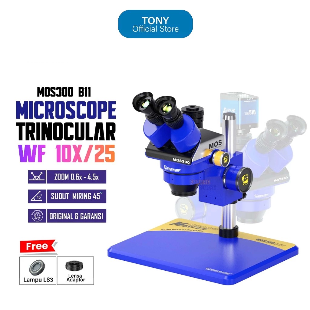 MECHANIC MOS 300-B11 Microscope Stereo Trinocular - Mikroskop Original MOS300-B11 Lensa adadtor keme