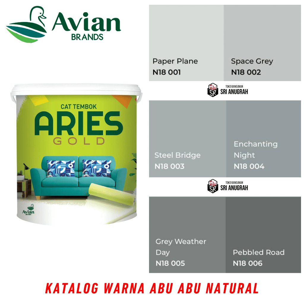 AVIAN BRANDS Aries Gold Cat Tembok Interior Exterior 4.5KG - Katalog Warna Abu Abu Natural