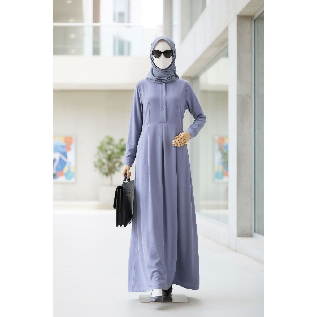 Nadia Denim Basic Dress Gamis Polos Key Crinkle Adem dengan Bahan Lembut dan Nyaman