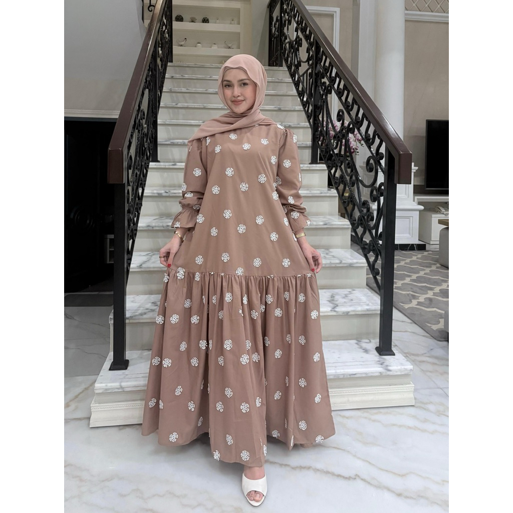 Gamis bahan katun Bordir replik timbul  Retliting belakang Model katun bordir rumple bawah   tangan 