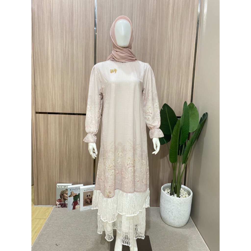 Gamis Wanita Premium Aurelia Lace Dress | Dress Muslimah Elegant Kombinasi Brokat & Renda All Size