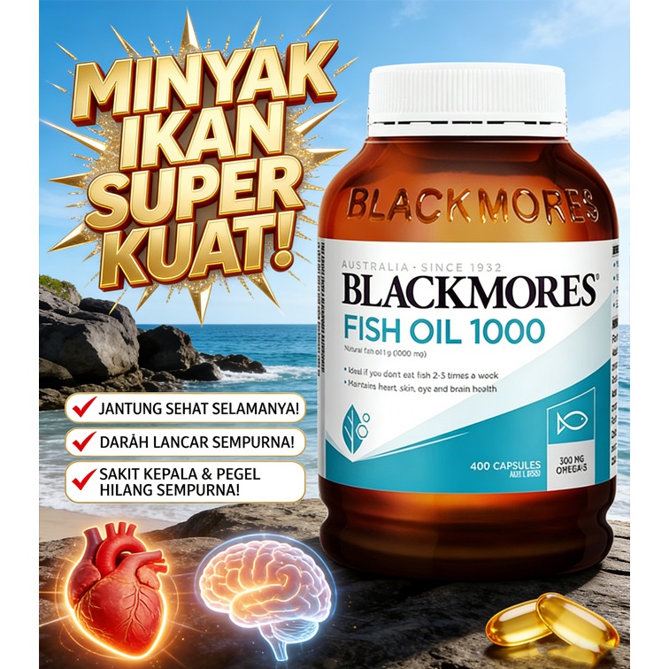 [EXP:2028] BLACKMORES Fish Oil 1000mg 200 Kapsul | Suplemen Makanan Omega-3 DHA untuk Kesehatan Jant