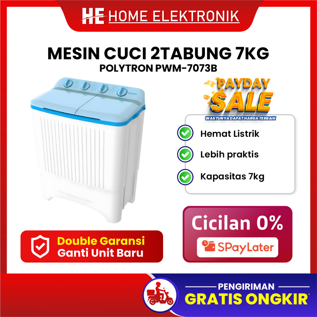 Mesin Cuci Polytron 2 Tabung 7 Kg PWM 7073 Twin Tube Garansi Resmi [Bisa paylater cicilan 0%]