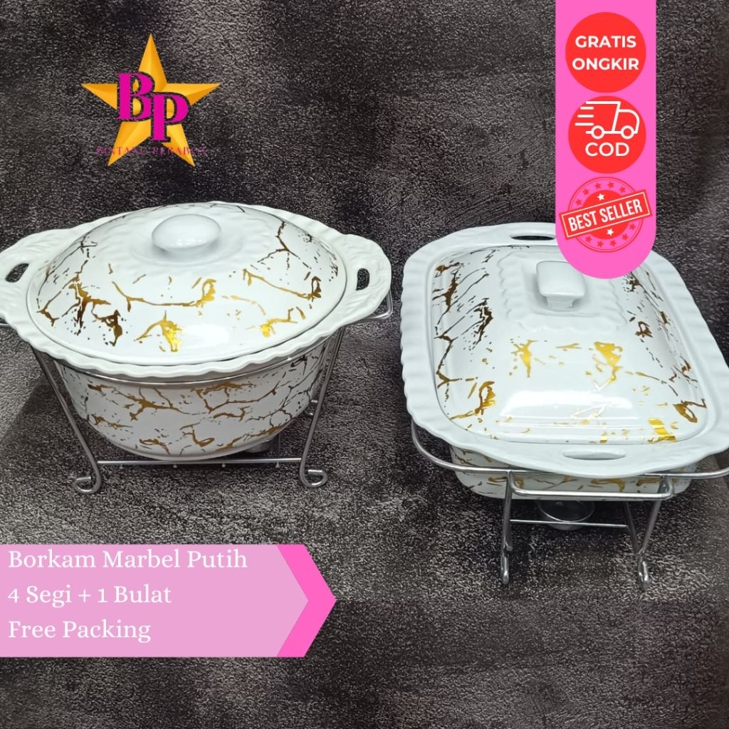 ￼Borkam Keramik Set 4 Segi + 1 Bulat Prasmanan Marbel Putih /Wadah Saji & Panci Penghangat Makanan |
