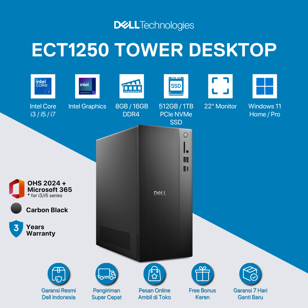 Dell Tower Desktop ECT1250 [Core i5-14400-8GB-512GB-UMA-Windows 11 Home-Office Home And Student 2024