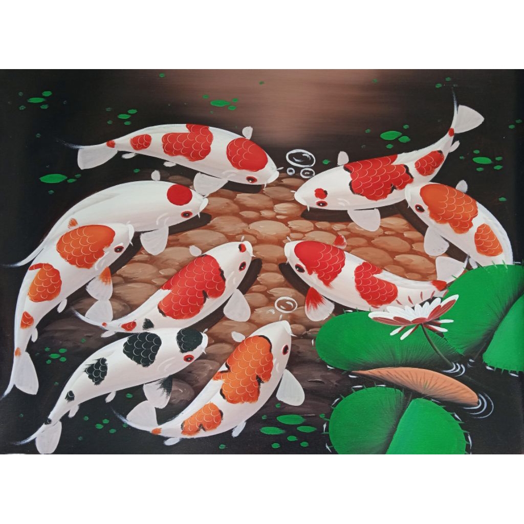 Lukisan Asli Bukan Cetak Ikan Koi 9Ekor Ukuran 80cm x 60cm