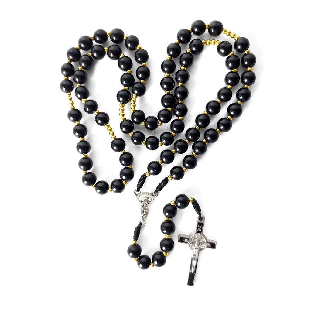 Kalung Rosario 77 Bapa Kami Batu Giok Hitam Glossy – Rosario Katolik Premium Asli, Elegan