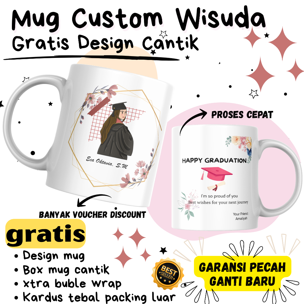 MUG CUSTOM WISUDA - Gelas Custom Foto Nama GARANSI PECAH GRATIS Design Cantik Murah Berkualitas