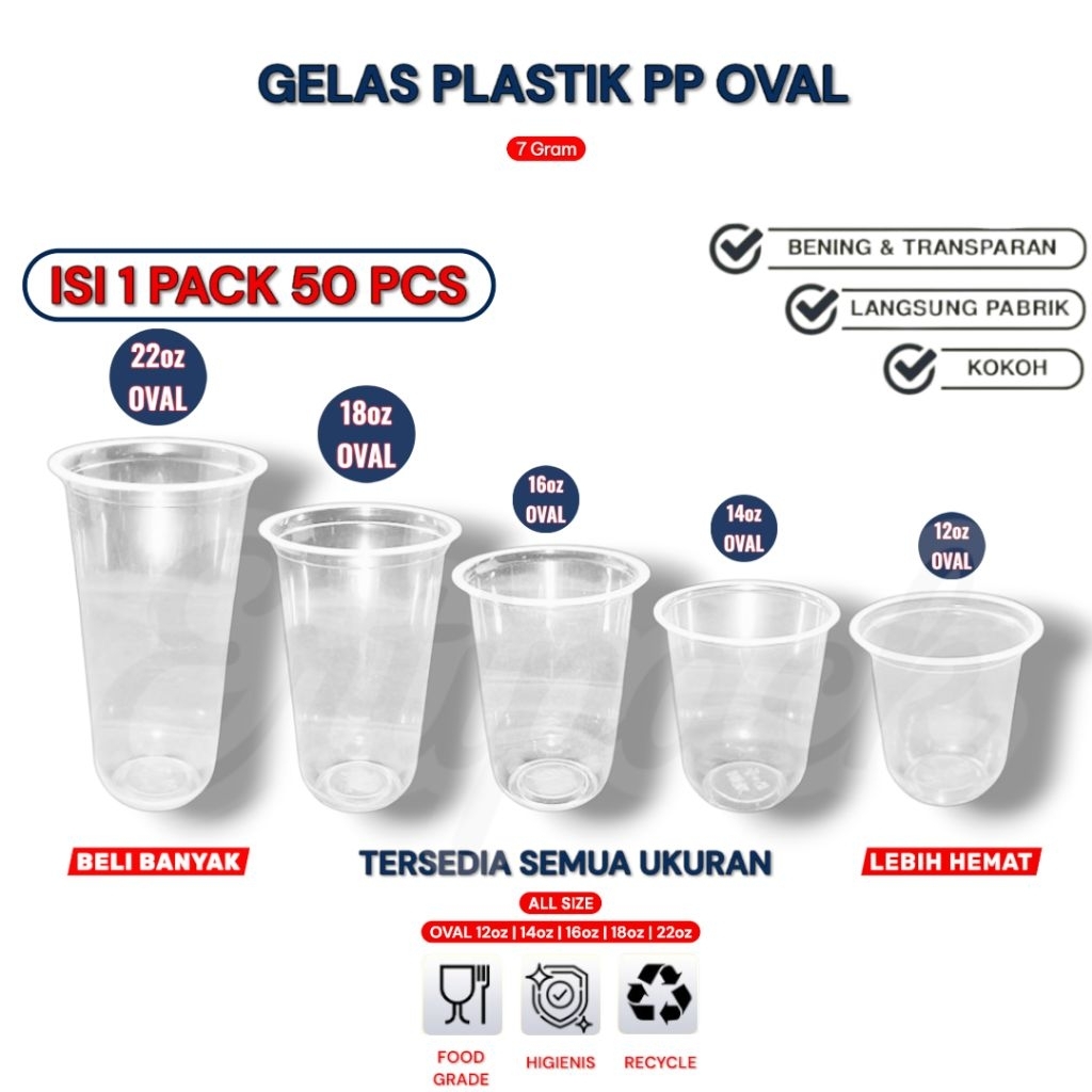 GELAS PLASTIK PP OVAL 7gr / 12oz 14oz 16oz 18oz 22oz / TEMPAT MINUM PLASTIK / SEKALI PAKAI / TEBAL K