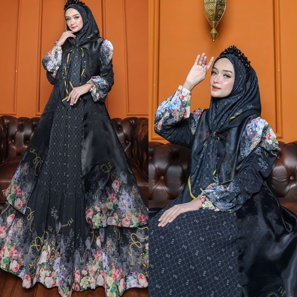 LAILA SERIES||D'MECCA SYARI||GAMIS CERUTY PRINTING PREMIUM SEMI OUTER ORGANZA SET JILBAB SCARF VOAL 