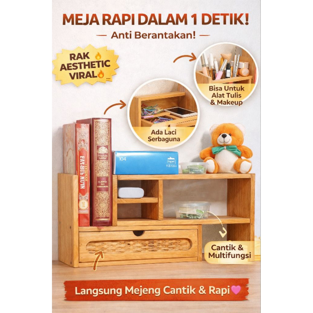 Rak Meja Aesthetic Multifungsi | Organizer Makeup & Alat Tulis Anti Berantakan