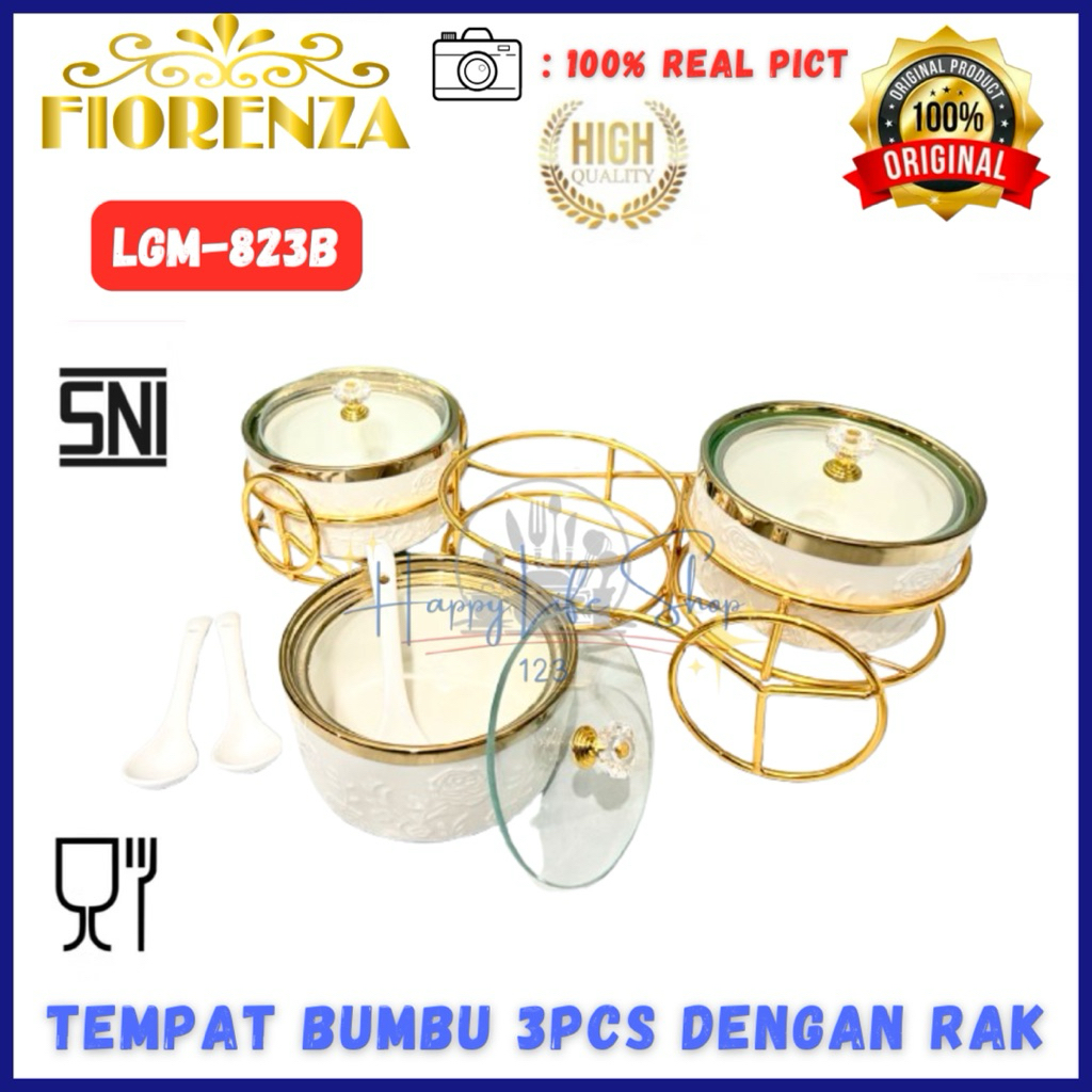 Ready FIORENZA Tempat Bumbu Keramik Dengan Rak / 3pcs Tempat Bumbu Keramik Murah