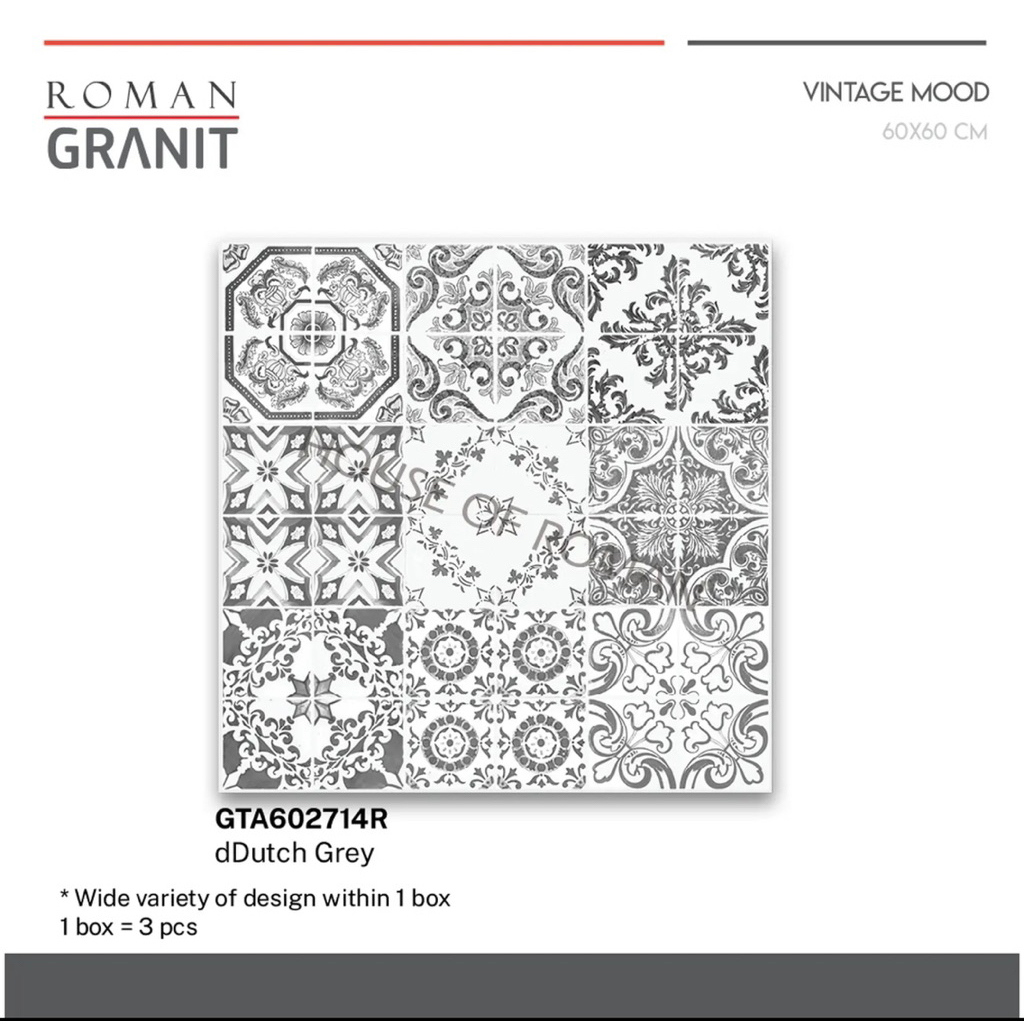 Roman Granit dDutch Grey GT602714R/ Granit Vintage Abu Motif Batik/Granit Motif Jadul/Ubin Tagel/Tag