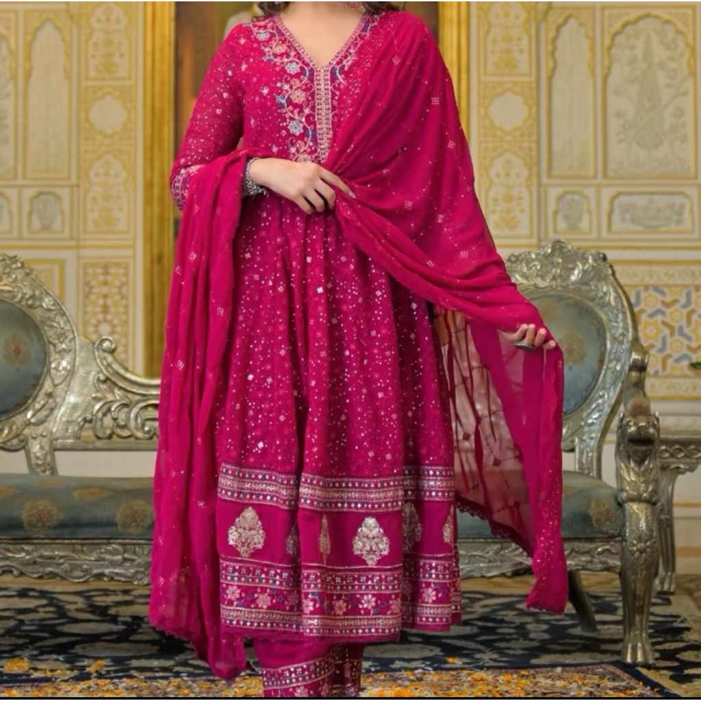 Fuchia dress Wanita bordiran payet