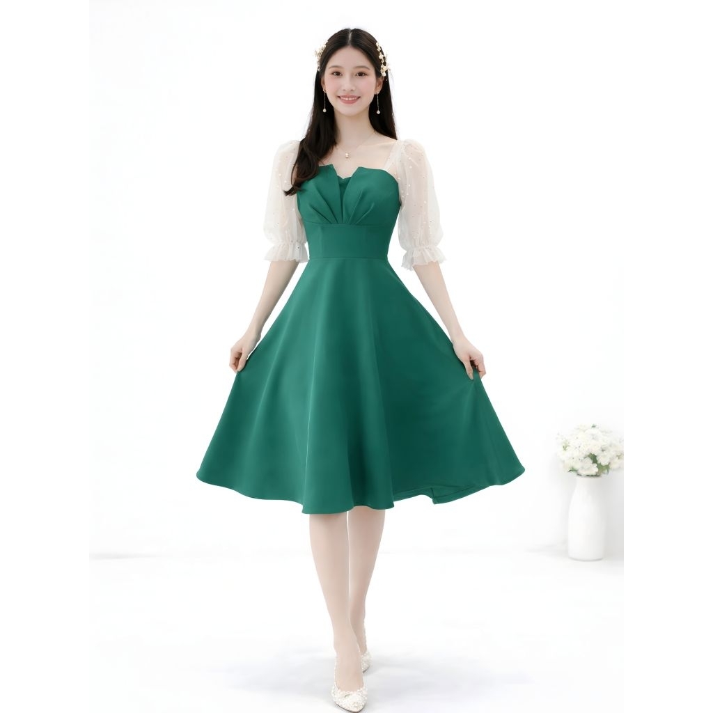 Dress Wanita Korea Kimnara Dress Elegant Lengan Tile Puff Sleeve A-Line Baju Kondangan Pesta Mewah R