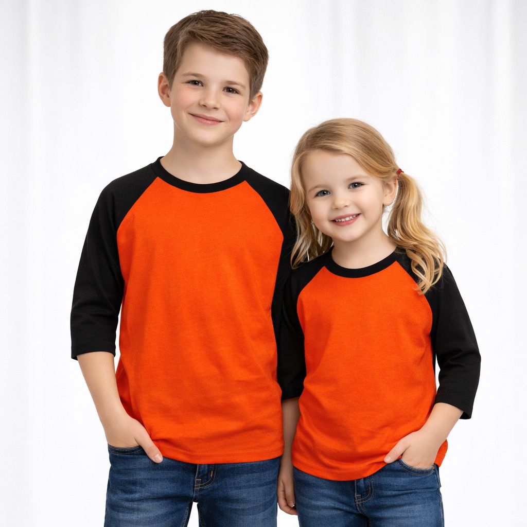 kaos polos raglan OREN-HITAM lengn 3/4 anak laki-laki dan perempuan