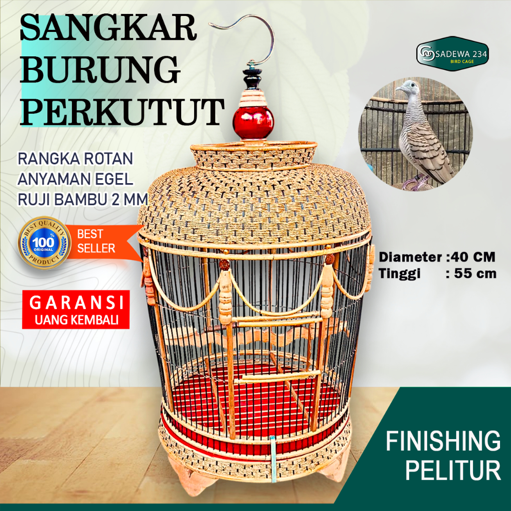 Sangkar burung perkutut mataraman full rotan finishing pelitur