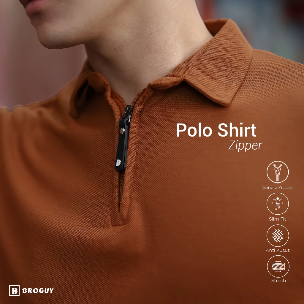 BROGUY Kaos Polo Shirt Pria Kerah Lengan Pendek Zipper - Light Brown