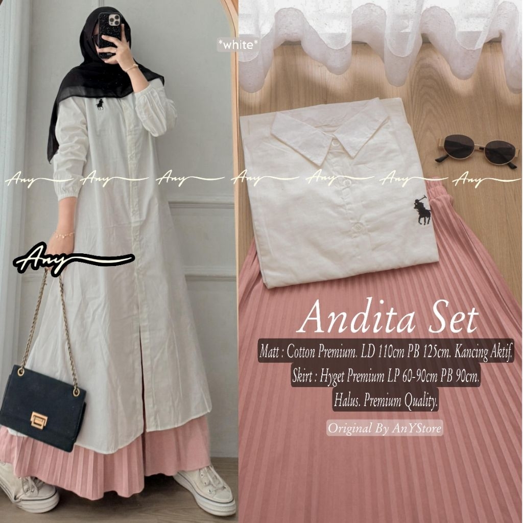 Andita Set by Any Setelan Long Tunik Katun Ld 110 Rok Plisket Terbaru Best Seller