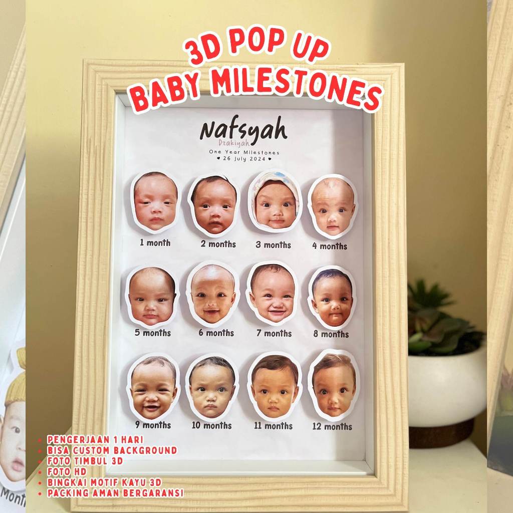 Frame Milestone Bayi 1–12 Bulan 3D Custom Nama | Bingkai Foto Bayi / Anak
