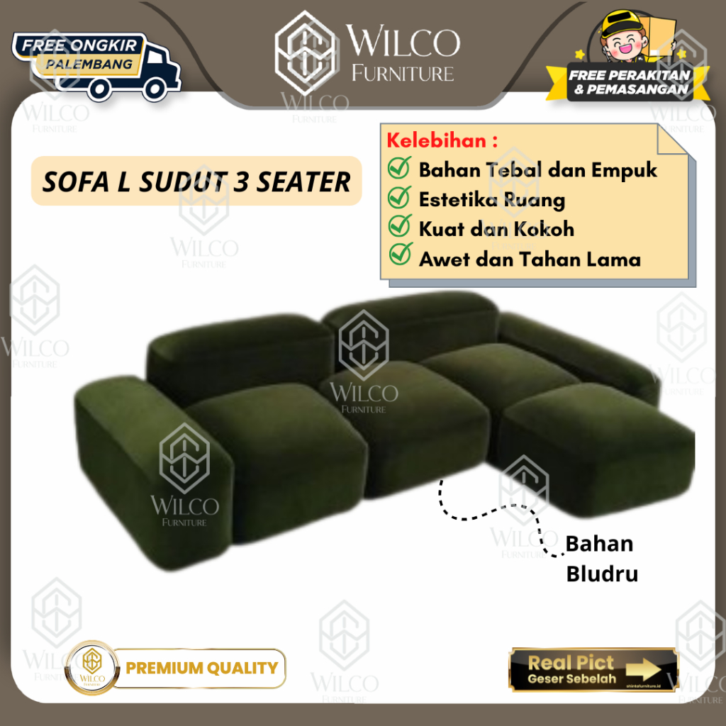 Sofa Tamu L 3 Seater | Sofa Tamu Bludru L Sudut Minimalis