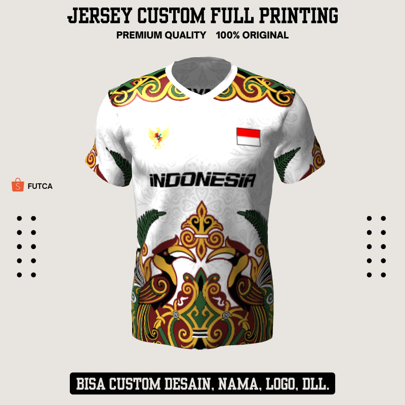 Kaos Jersey Futsal Putih Gold Maroon Hijau Motif Batik Burung 640 - Bisa Custom Nama