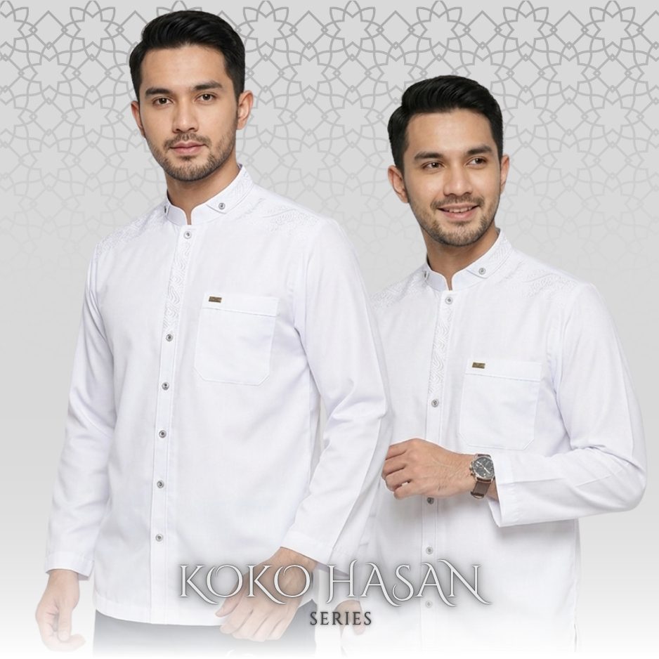 Baju Koko Putih Series Hasan Lengan Panjang Toyobo Royal Mix Premium Terbaru Tag label Brand Asriyan