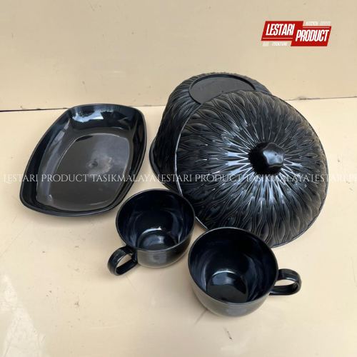 ( 4 IN 1 ) BASI CLIO HITAM TUTUP + PIRING SAJI HITAM ( FREE 2 CANGKIR LUNAR ) | WADAH SAYUR | TEMPAT