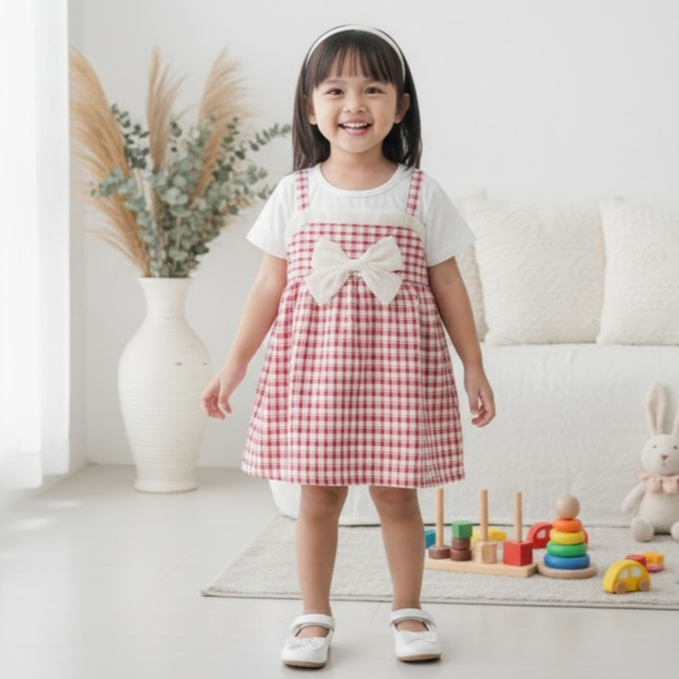 Dress Anak Perempuan Crinkle Motif Kotak-kotak | Baju Anak Cewek Premium | Gaun Anak Perempuan usia 