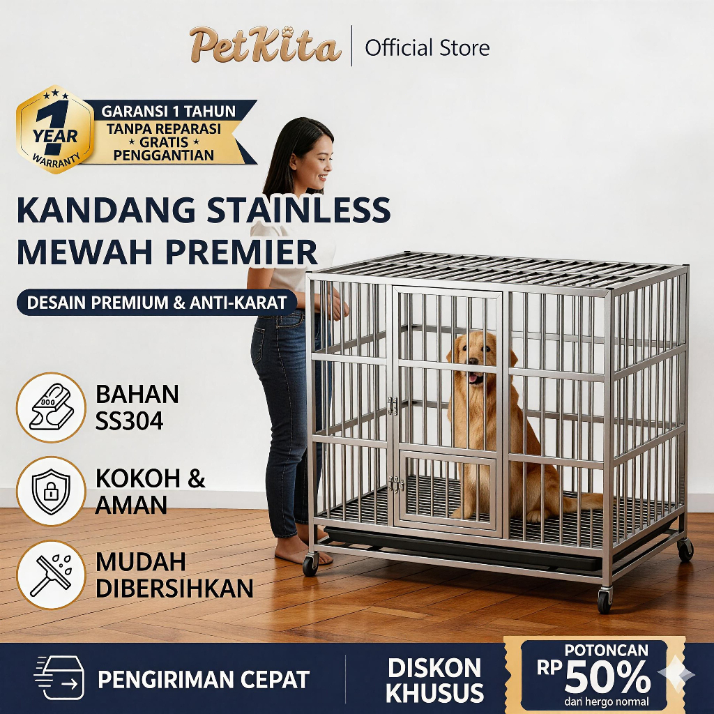 Kandang Anjing Stainless Tabung Persegi Tebal Kokoh Anti Karat Kuat Tahan Lama untuk Anjing Besar