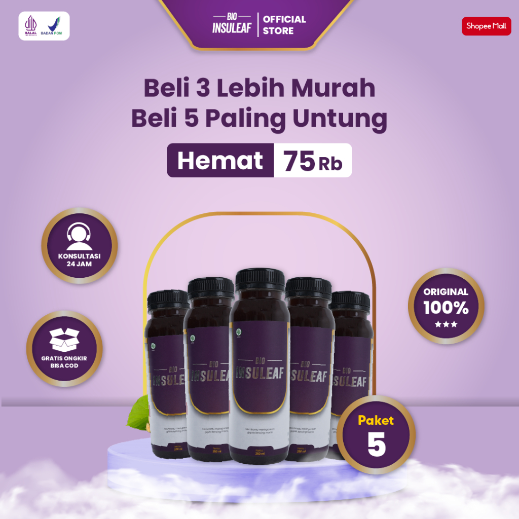 Bio Insuleaf Paket 5 Botol Insulin Diabetes Ori Herbal Alami Bantu Jaga Gula Darah Stabil