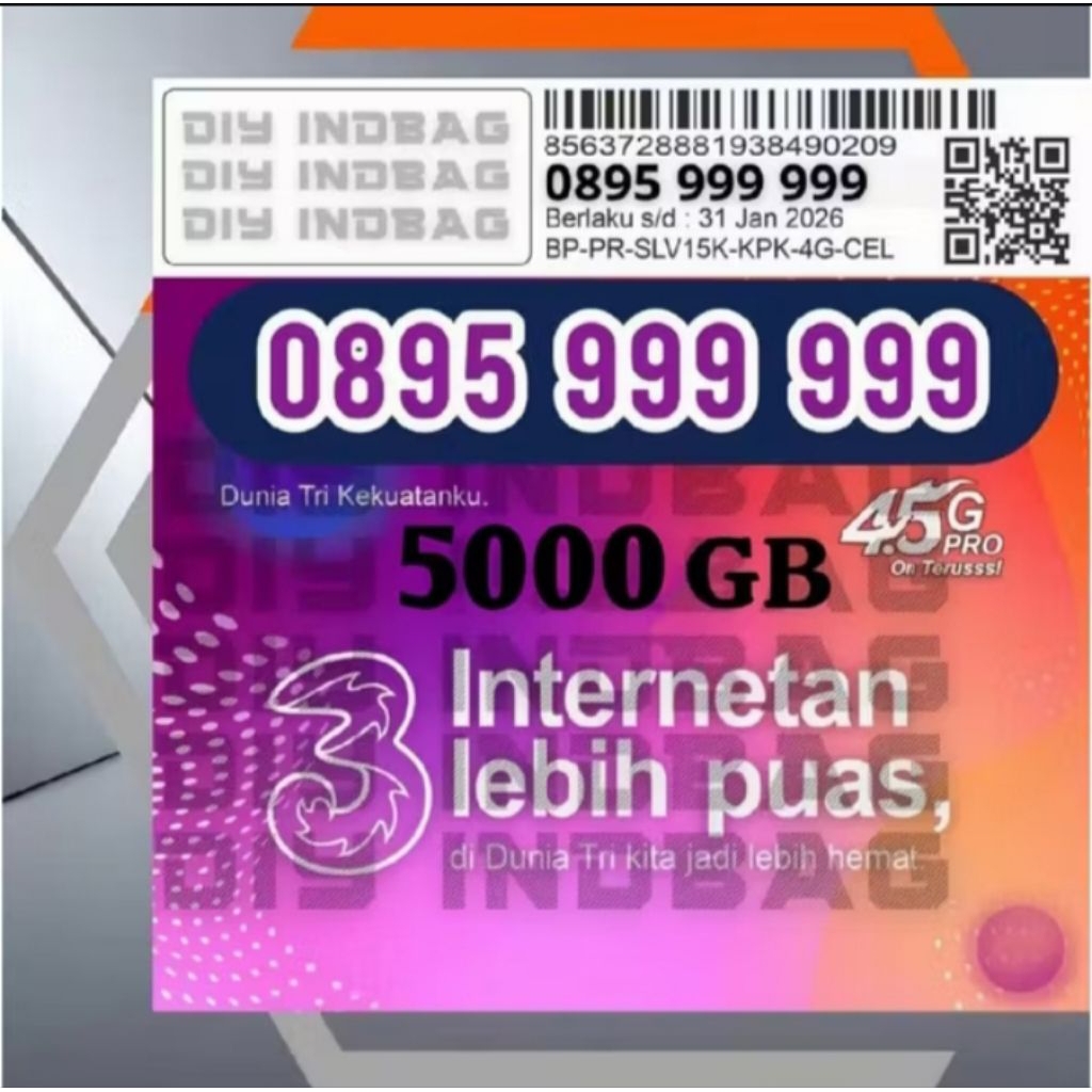 kartu perdana TRI  nomor cantik tri 10 digit bonus kuota 5000GB bisa di gunakan di seluruh wilayah I