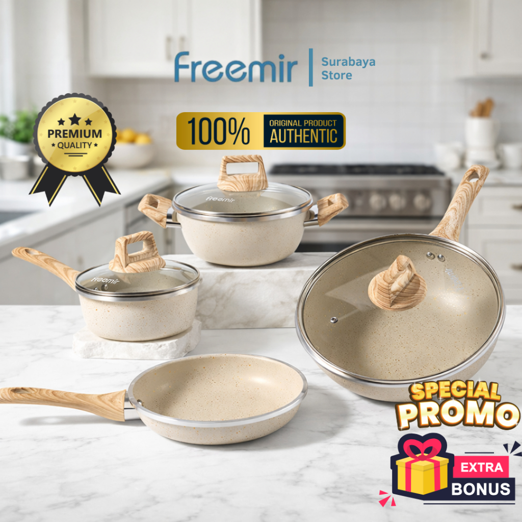 [INSTANT] freemir Set Teflon Wajan Panci 7pcs Premium Set Sultan Beige Granite Serbaguna