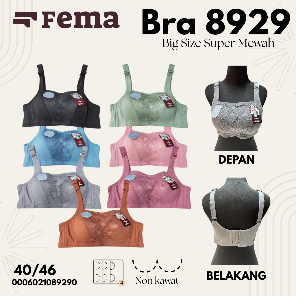 FEMA Official Shop 1 pcs Bra Fema Supersoft 8929 Bra Big Size 40-46 Bra Renda Seserahan Bra Cantik m
