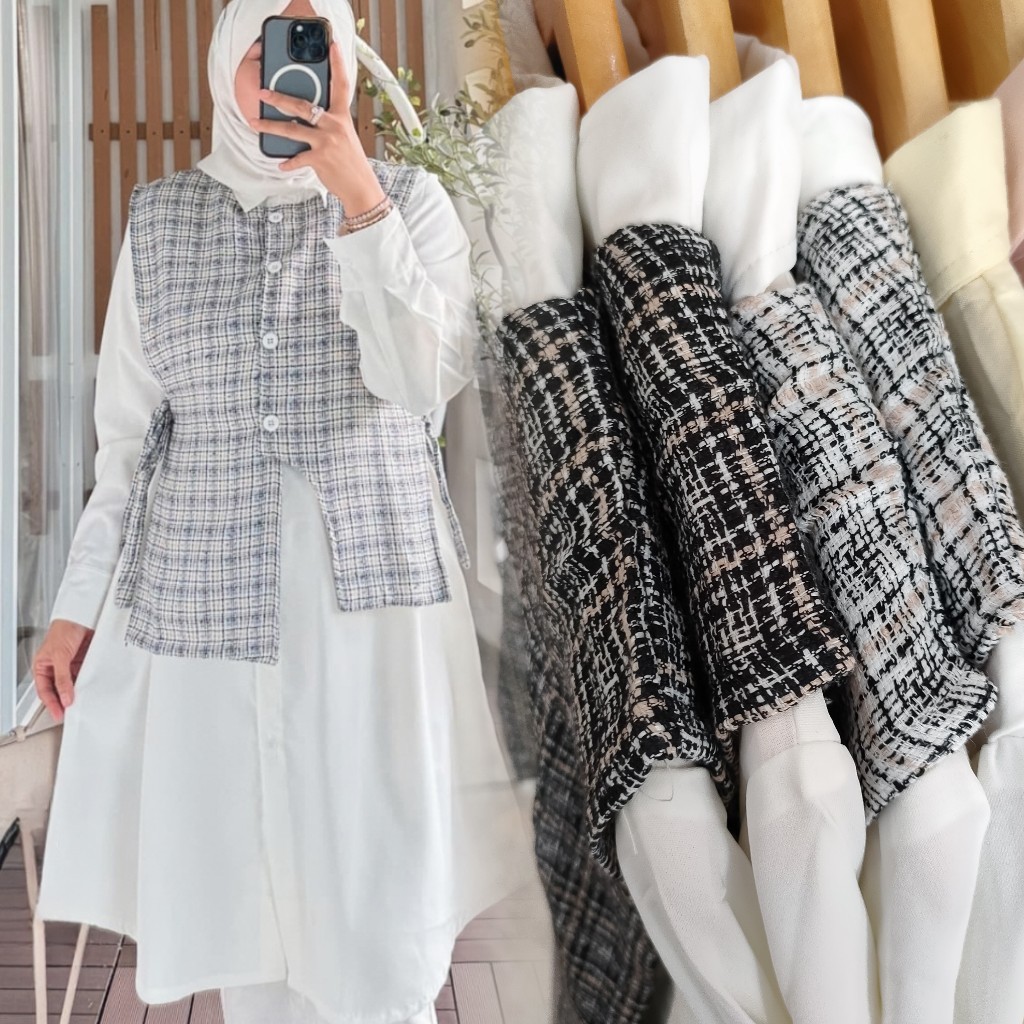 Tunik katun import vest rompi tweed kotak/tunik motif kotak/long tunik motif/vest rompi kotak