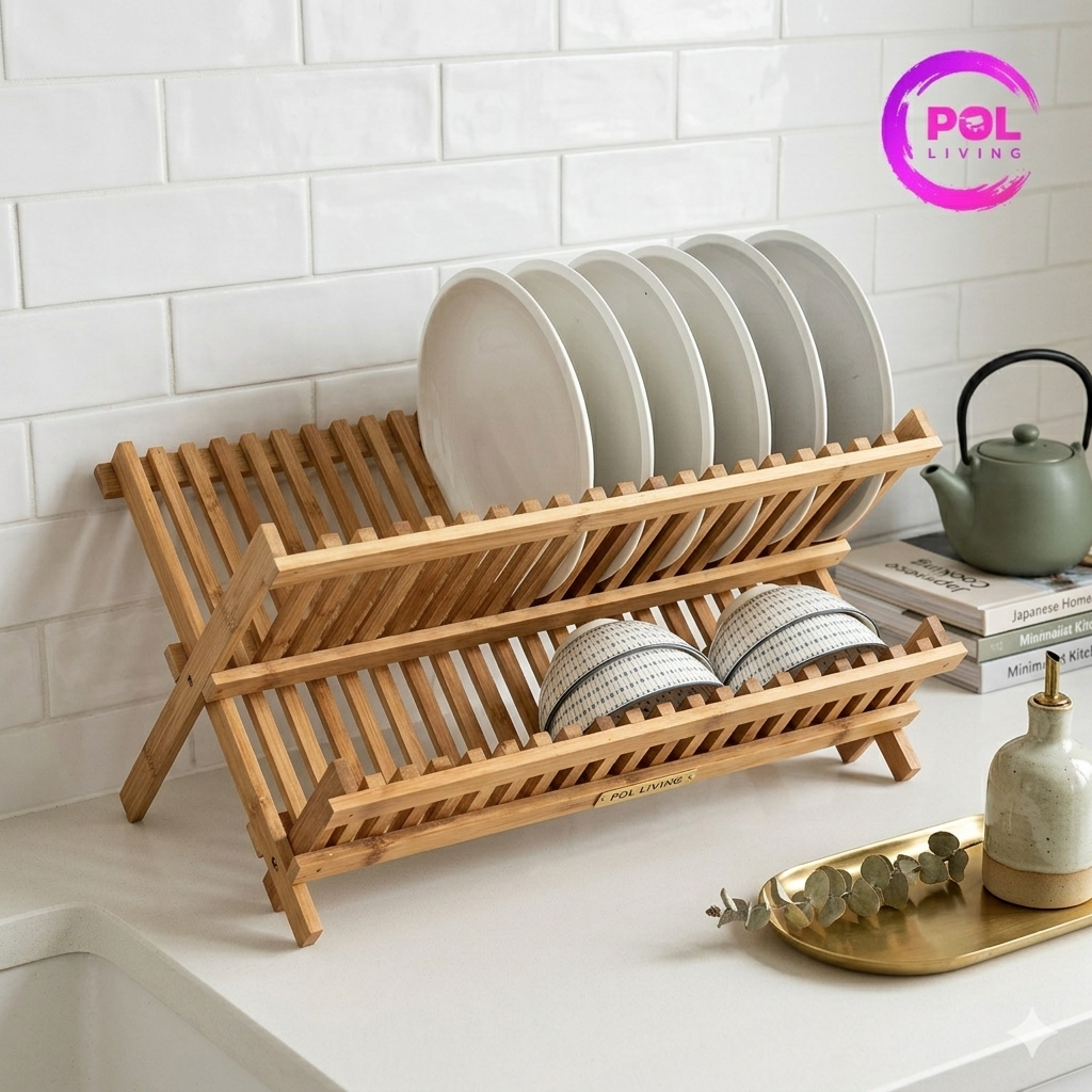 Rak Piring Bambu Lipat 2 Tingkat Kayu Aesthetic Minimalis / Dish Rack Bamboo Portable