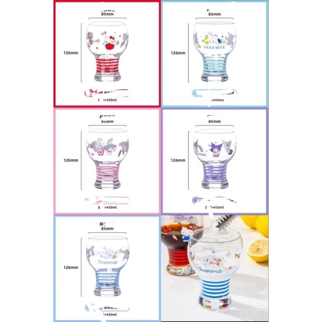 Gelas gagang kaca tinggi adukan gold kuromi cinnamoroll melody