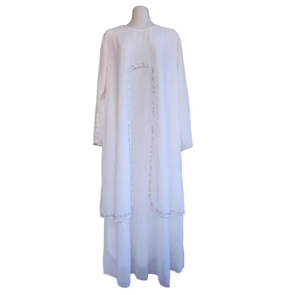 gamis ceruty full puring putih rompi layer payet mewah ld 120 124 pb 138 non busui sleting belakang