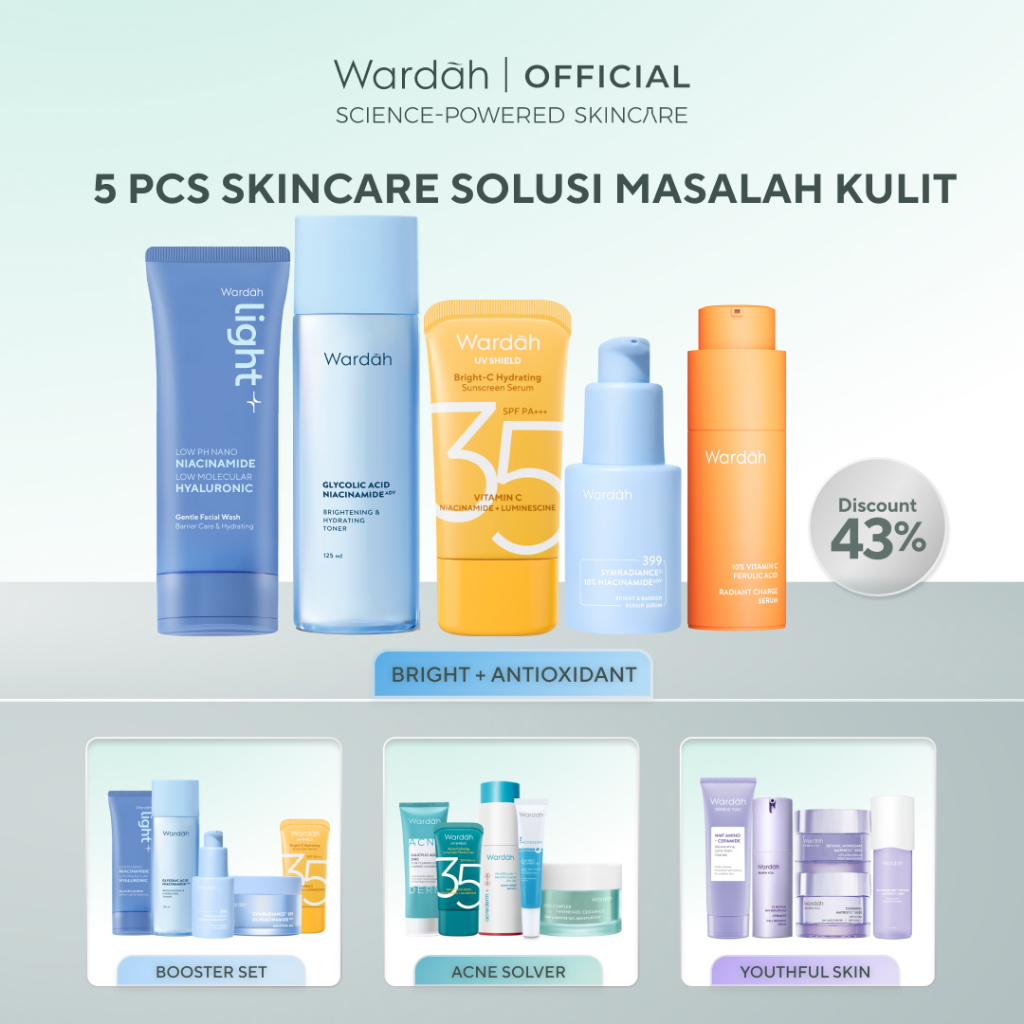 WARDAH Paket 5 pcs Skincare Solusi Masalah Kulit - Hydra Booster, Ultimate Bright,  Brightening, Ant