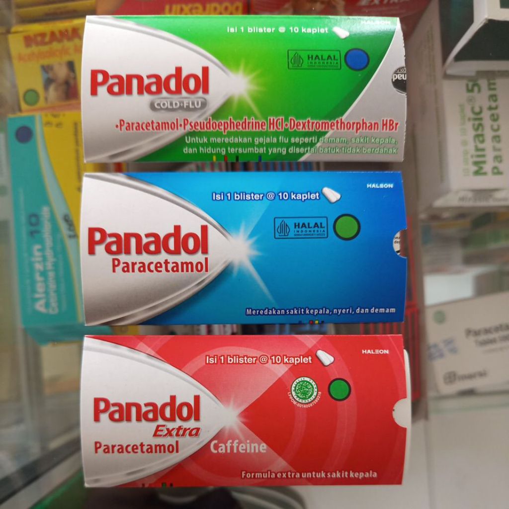 Panadol Paracetamol 500 mg Biru, Cold&Flu Hijau, Extra Merah 1 strip isi 10 tablet - meredakan sakit