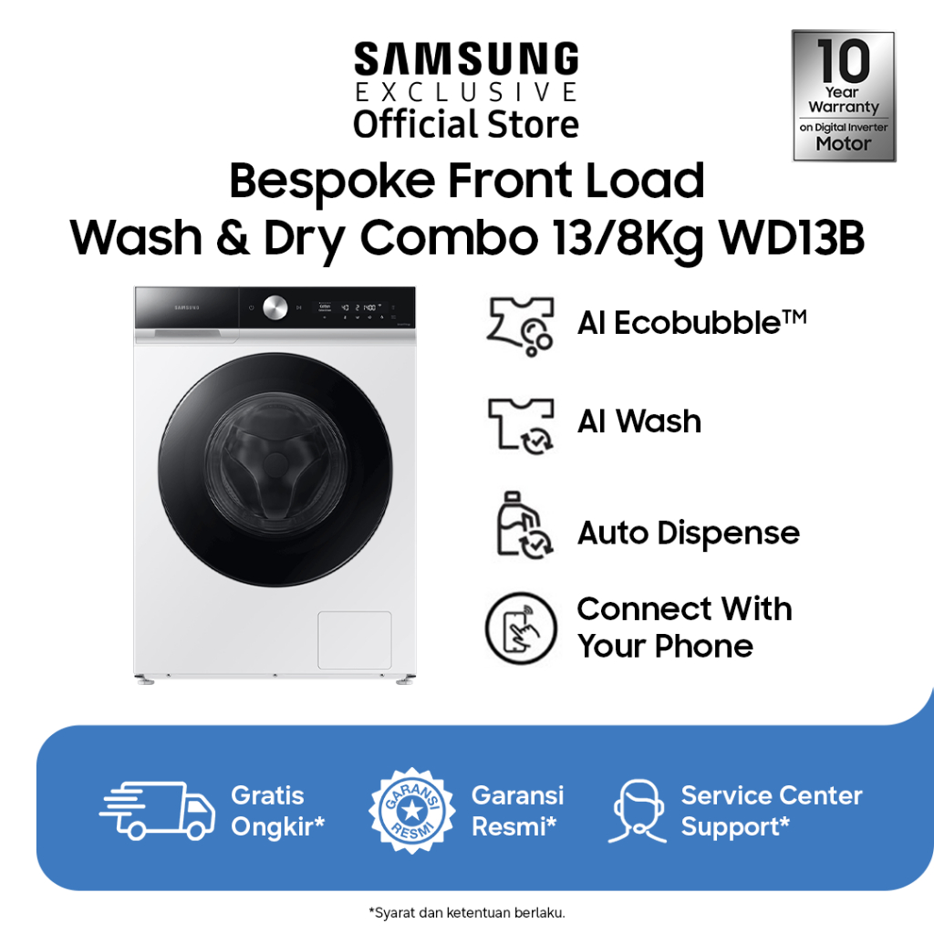 Samsung Mesin Cuci Bespoke AI™ Front Load 13/8Kg Washer Dryer | AI Ecobubble™ | WD13BB944DGESE
