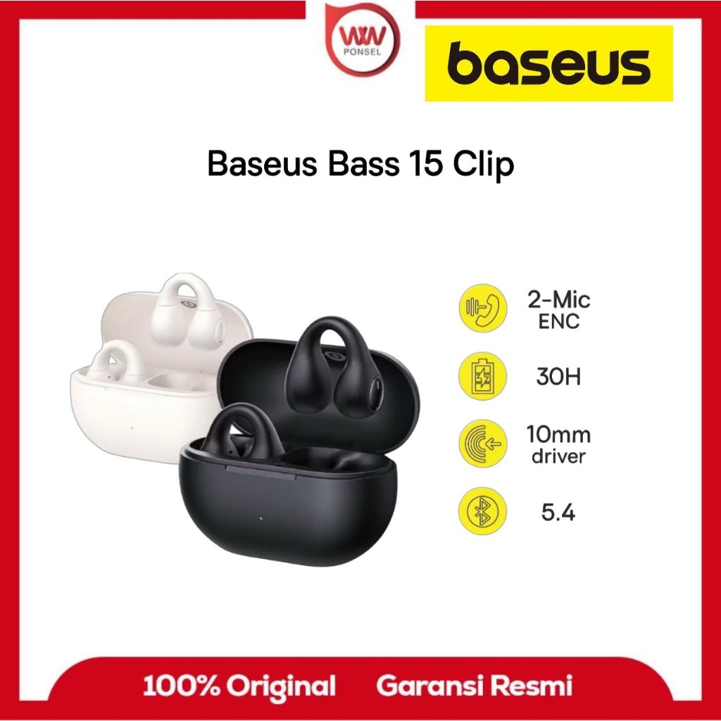 Baseus Bass 15 Clip TWS  Open-Ear OWS Ear Clip Earphones Headset Bluetooth 5.4 TWS Sport dan Kerja