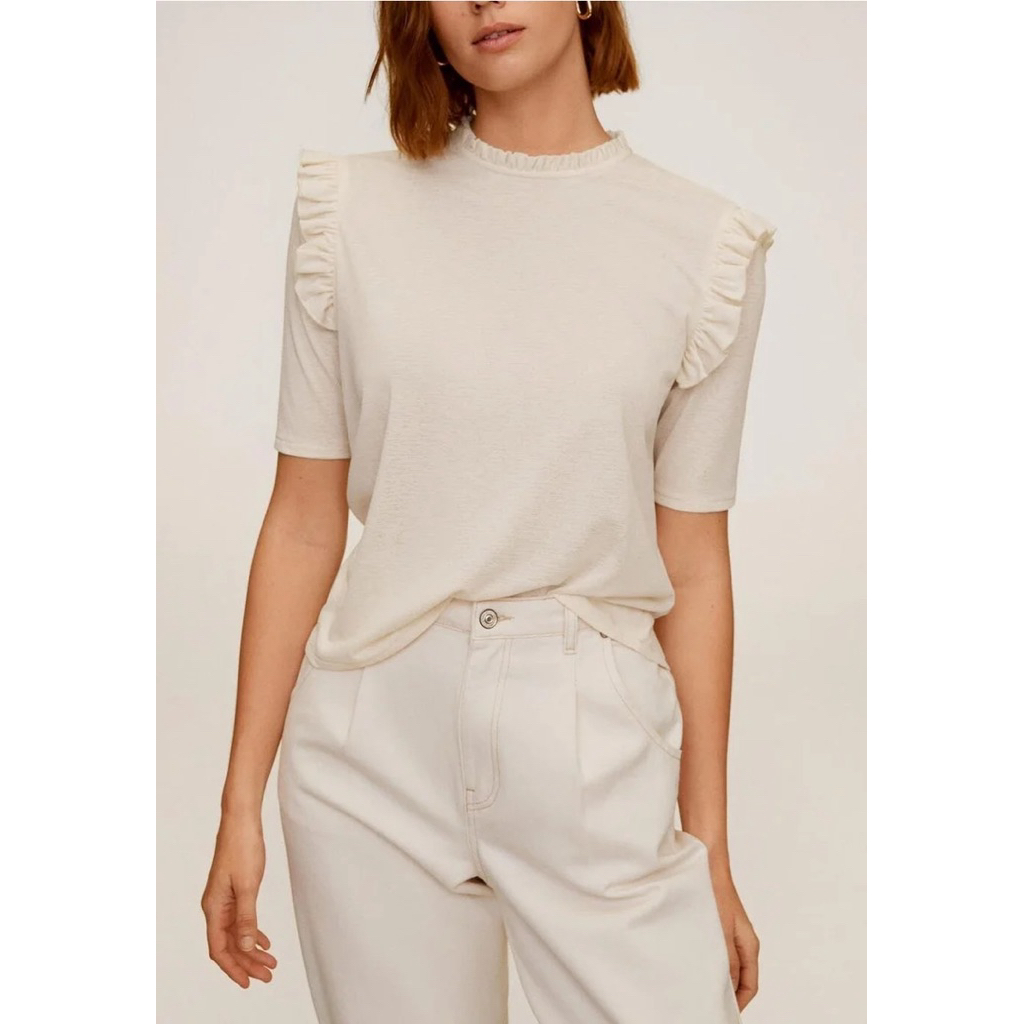 PRELOVED MNG Mango Broken White Short Sleeve Ruffle Blouse Top Fashion Wanita Basic
